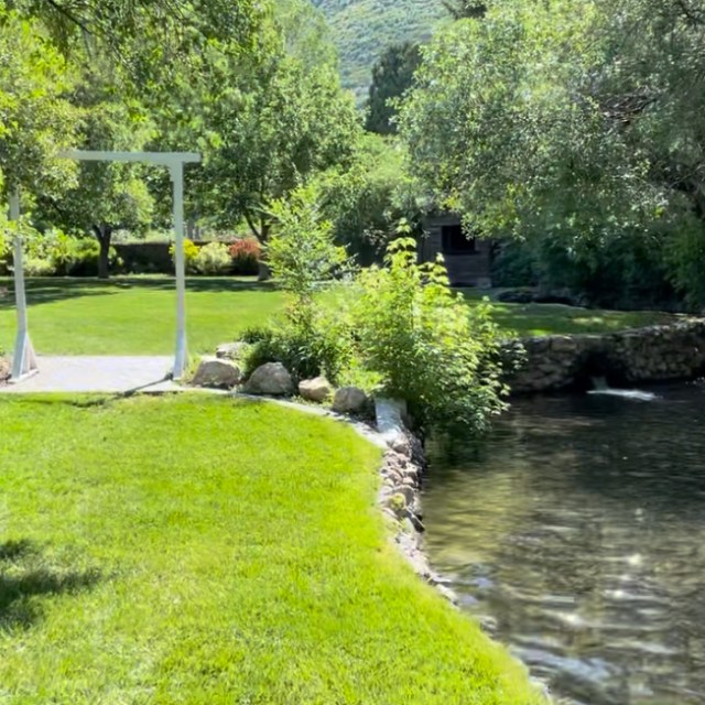a garden with water in the background