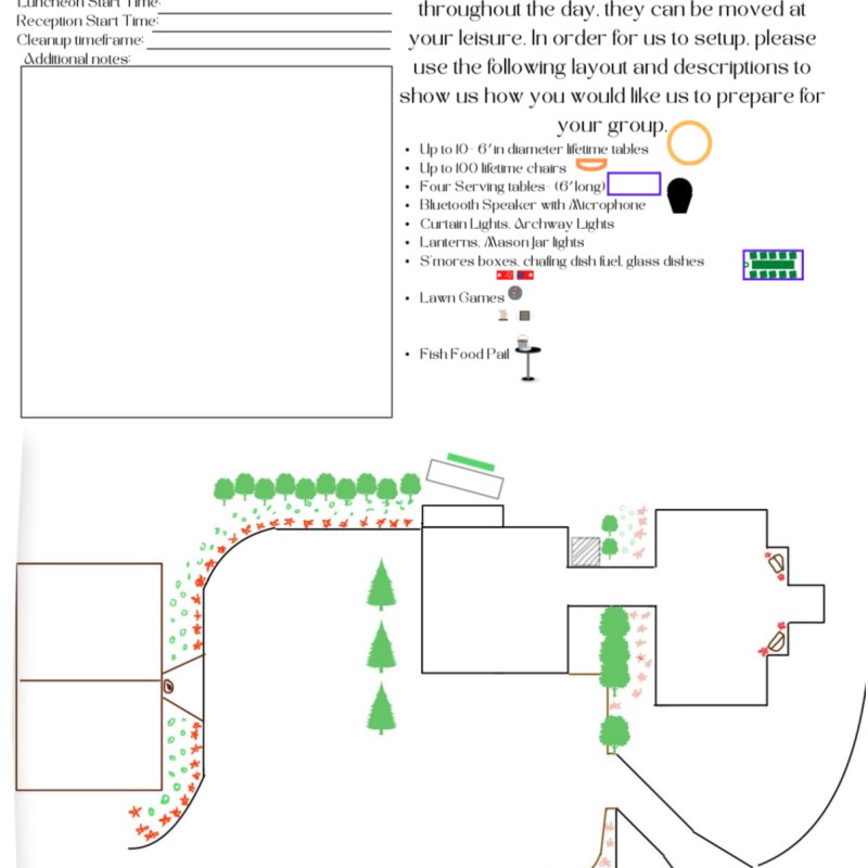 Wedding coordination plan with event outline and setup area map.