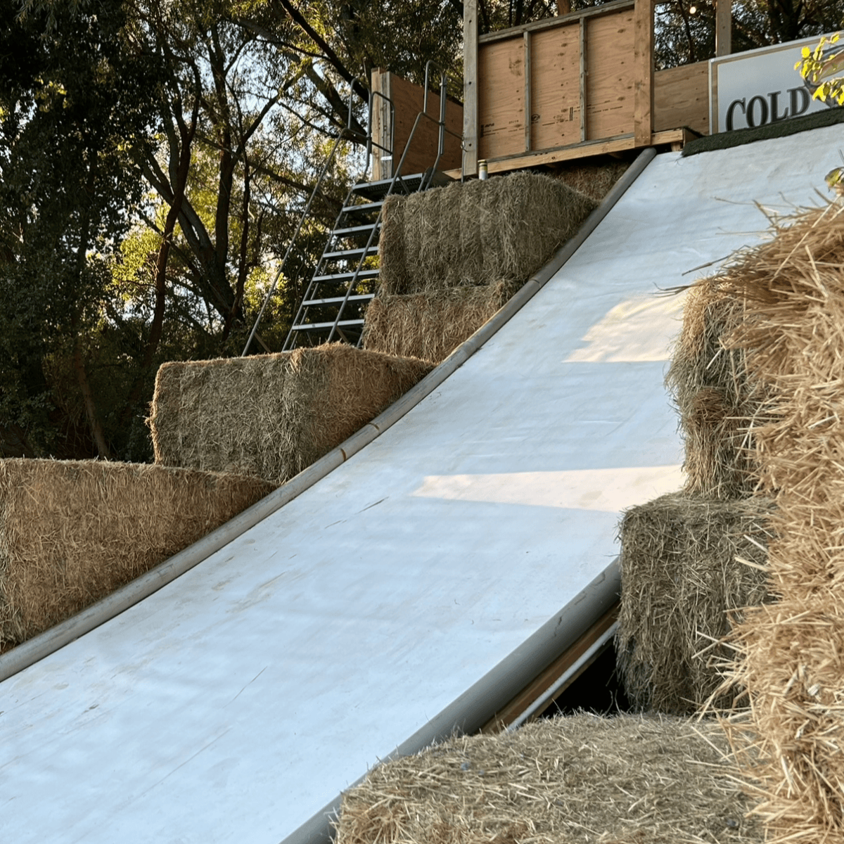 Hay bale slide with ladder, surrounded by trees, under string lights.
