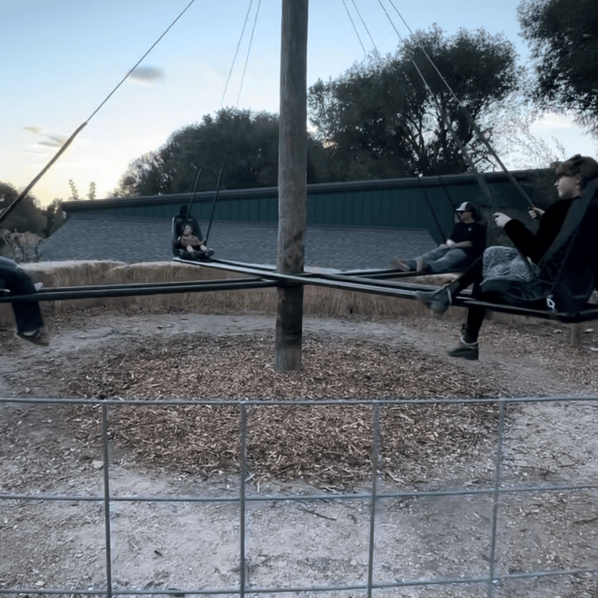 People sit on a circular swing ride at dusk with trees in the background.